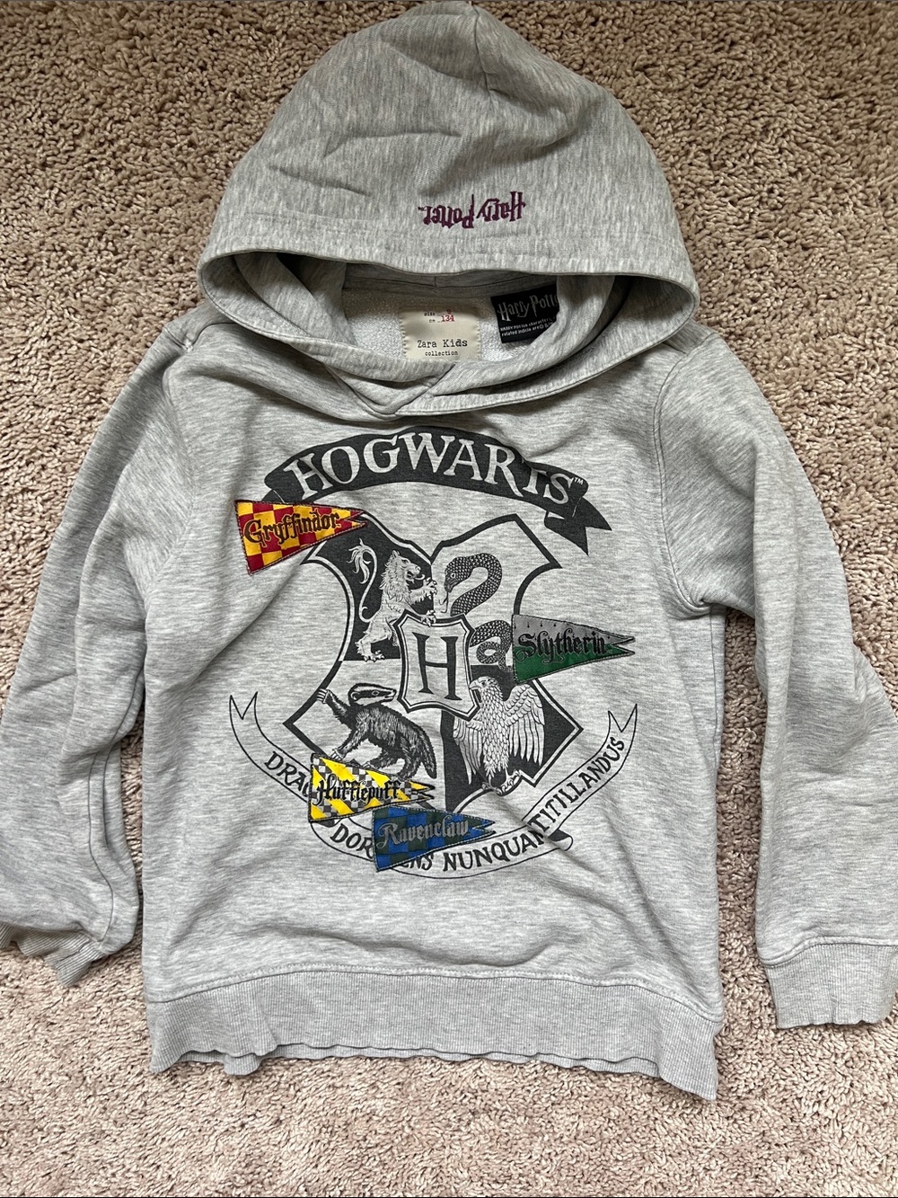 Zara Heather Gray Hogwarts Crest Hoodie with House Banners, Size 9